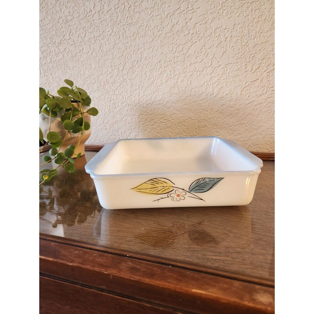 Vintage Fire King Biscayne 8" Square Baking Dish #452 Milk Glass Blue Gold Leaf